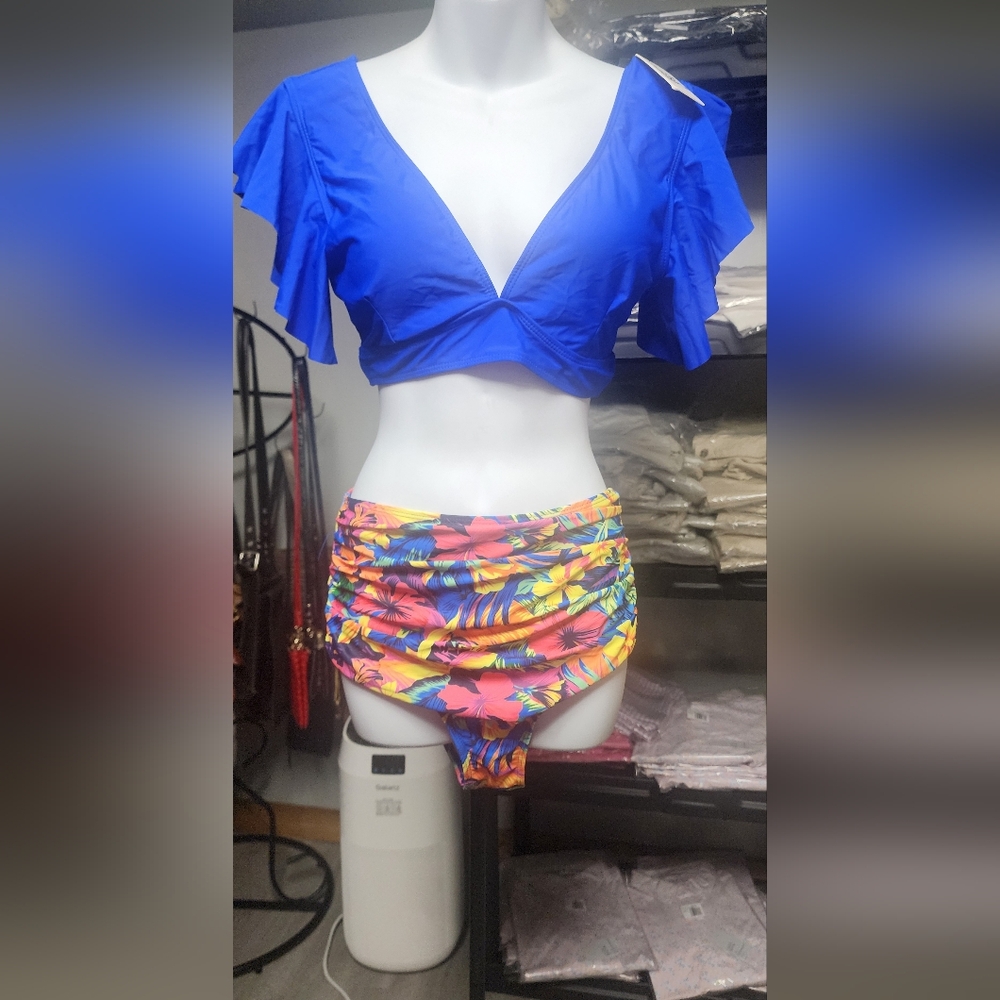 Blue and Pink Bikini Set with Ruched Design